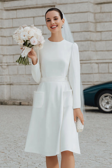 Crêpe ivoire une ligne Robe de mariée midi à manches longues avec poches